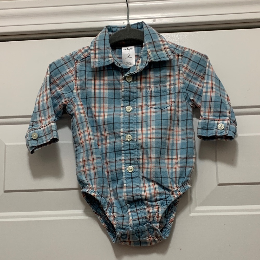 4/$10 Carter's 100% Cotton Blue and White Plaid Baby Shirt Size 3 Month